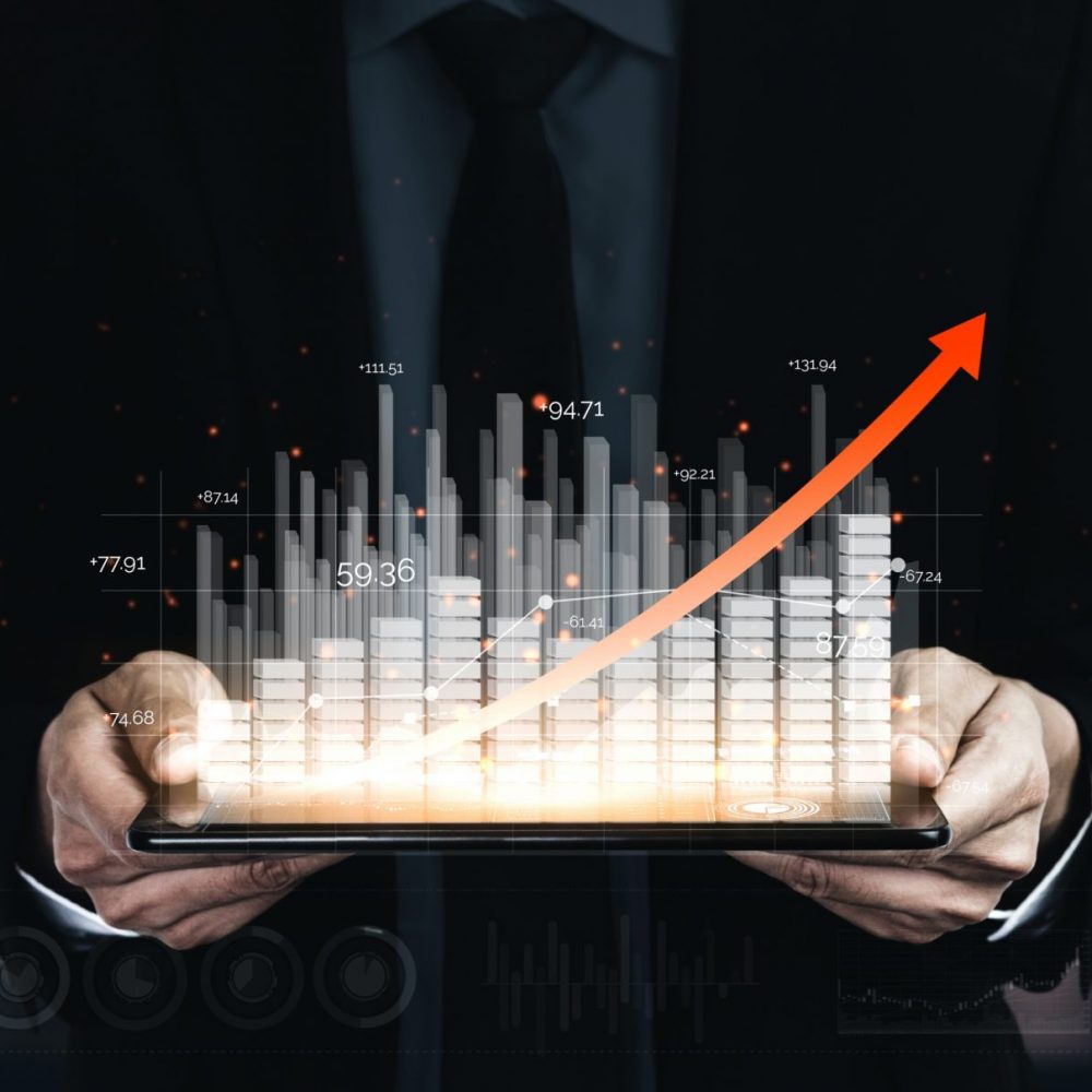 Double Exposure Image of Business and Finance - Businessman with report chart up forward to financial profit growth of stock market investment.